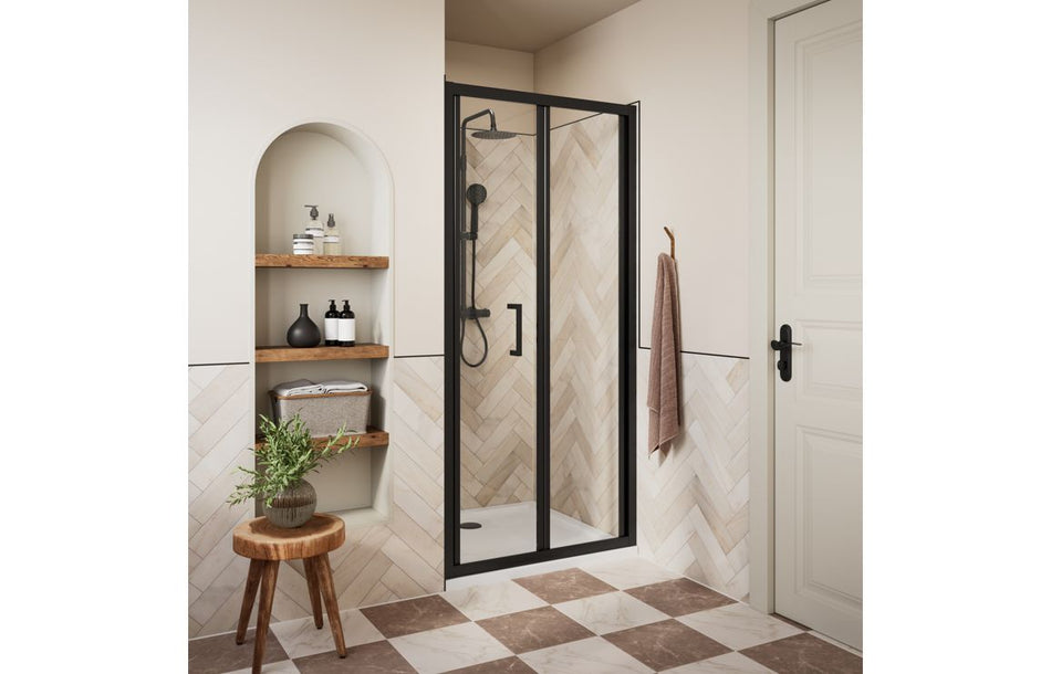 Excel Showers Classix Bi-Fold Shower Door – Matt Black, 5mm Easy Clean Glass, Recess Fit, 5 Year Guarantee