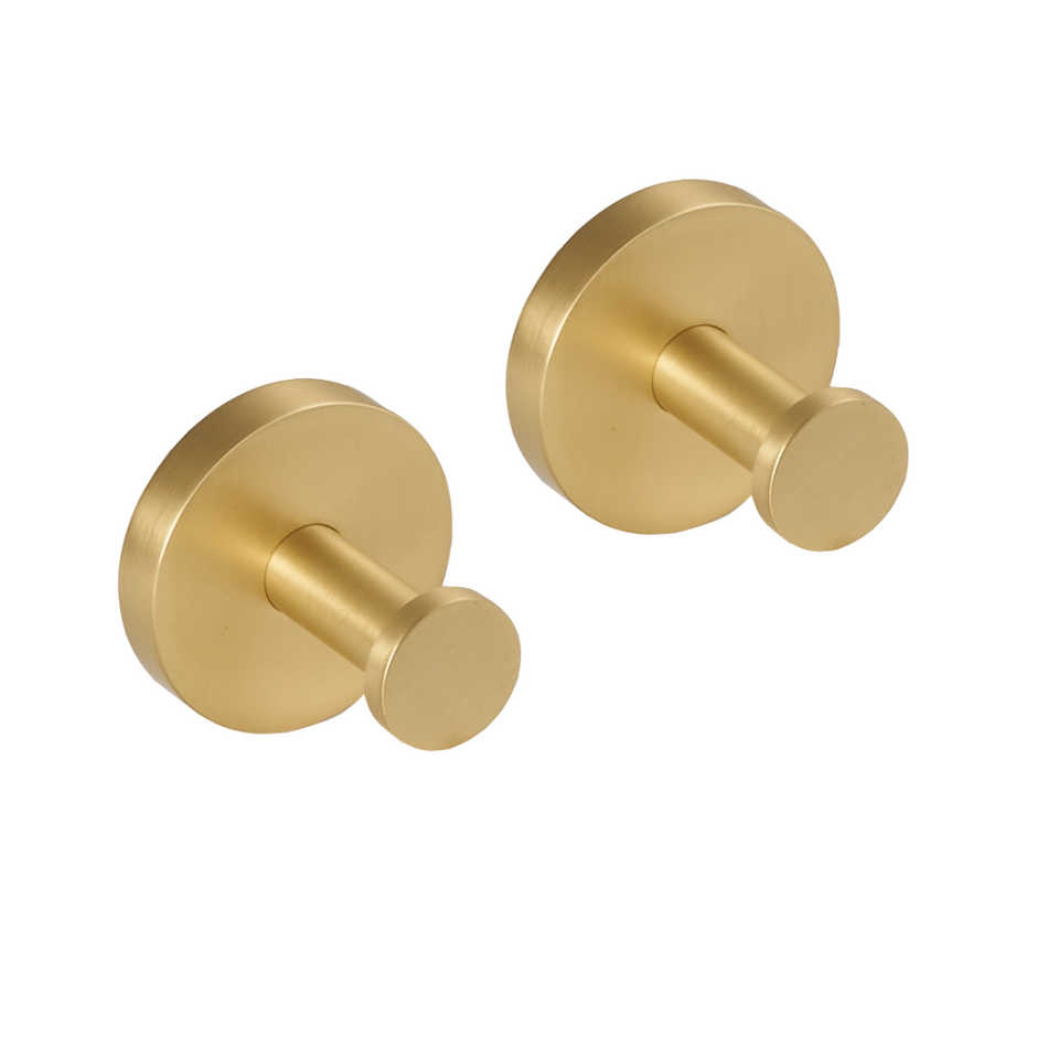 Pair of Bathroom Hooks, Brushed Brass Robe Hooks, Solid Brass Construction, Modern Wall Hooks