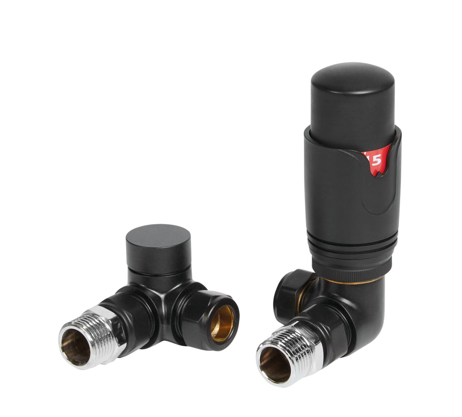 Thermostatic Corner Radiator Valves - 1/2" x 15mm - (Black)