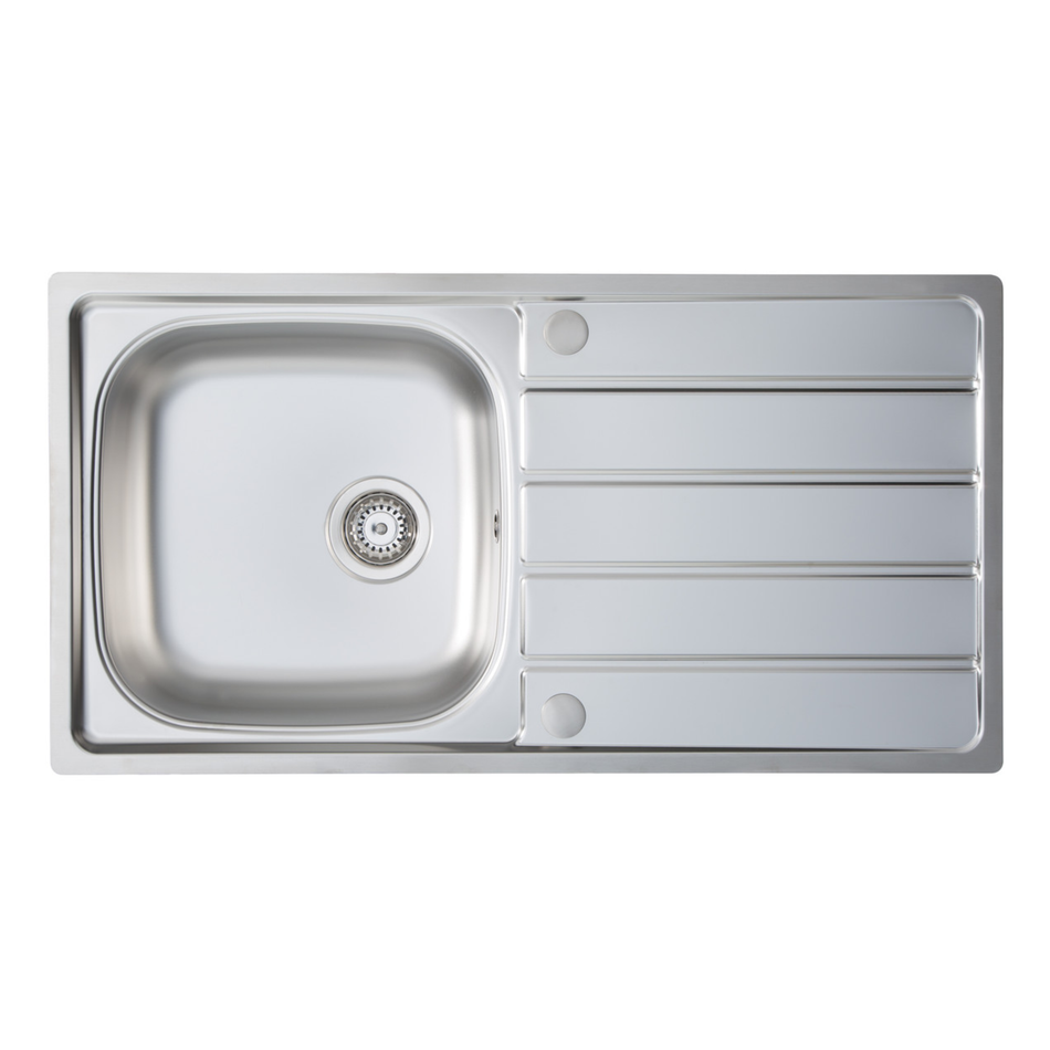 Prima 1B 965 x 500mm Stainless Steel Inset Kitchen Sink – Polished Finish, Reversible 1 Bowl with Drainer, Waste Kit Included