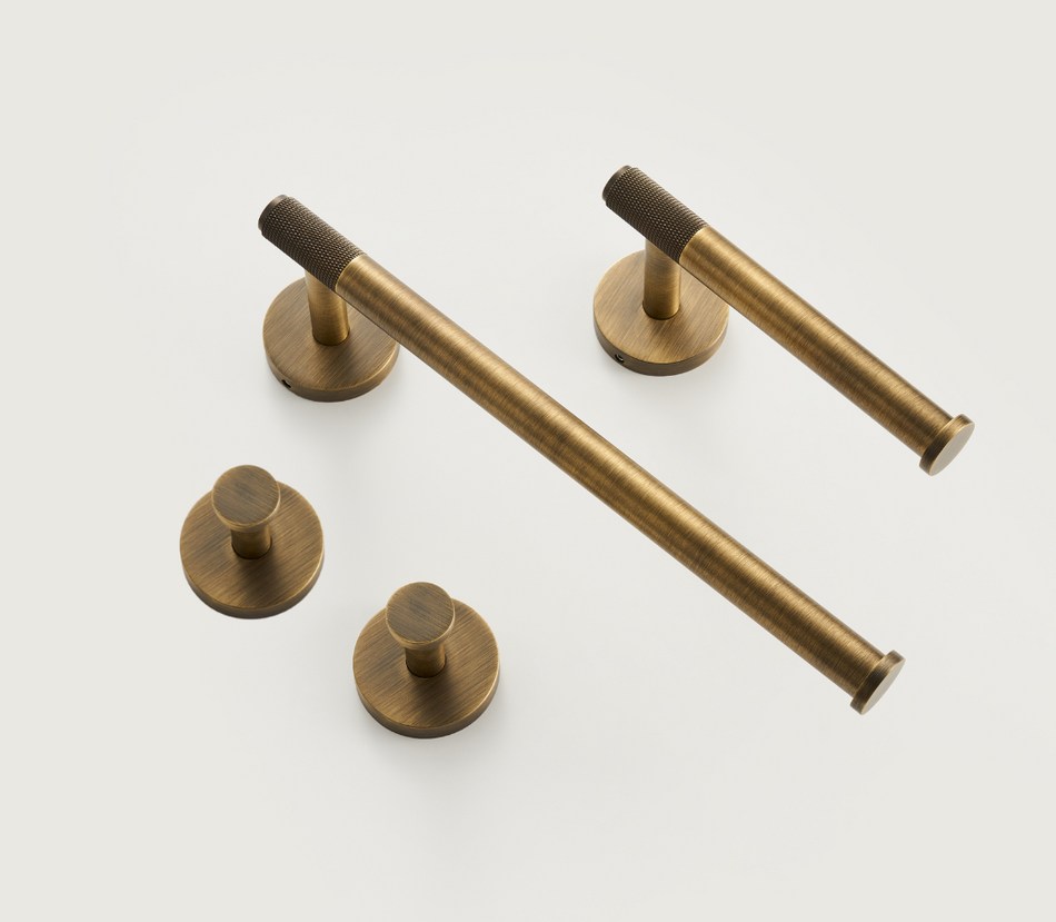 Luxury Bathroom Accessories Set, Toilet Roll Holder, Towel Ring, & Hooks in Elegant Brushed Brass Finish
