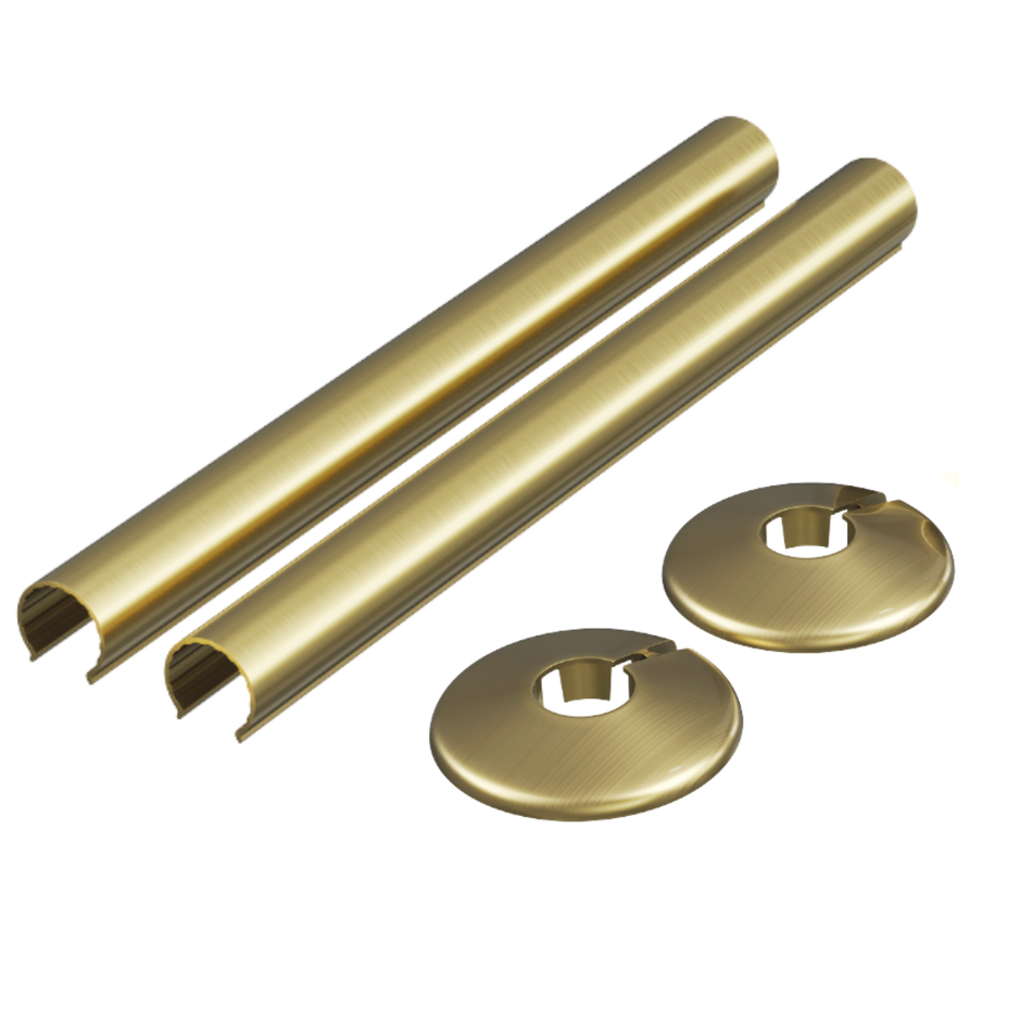 Brushed Brass Radiator Pipe Covers & Collars 15mm x 300mm Length | 2 Pack Clip-On Metal Pipe Sleeves for Radiator Pipes