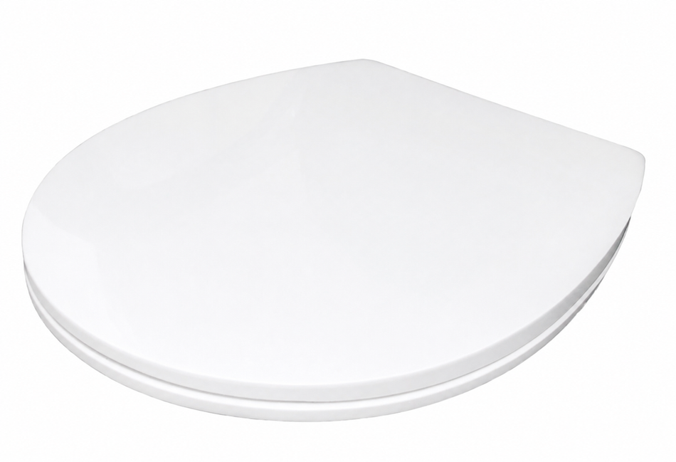 White soft-close toilet seat lid, smooth rounded oval shape