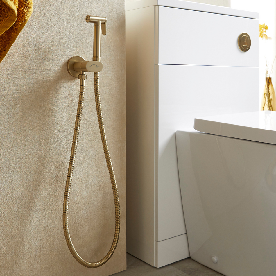 Round Brushed Brass Bidet Douche Kit with Shut Off Valve and Hose