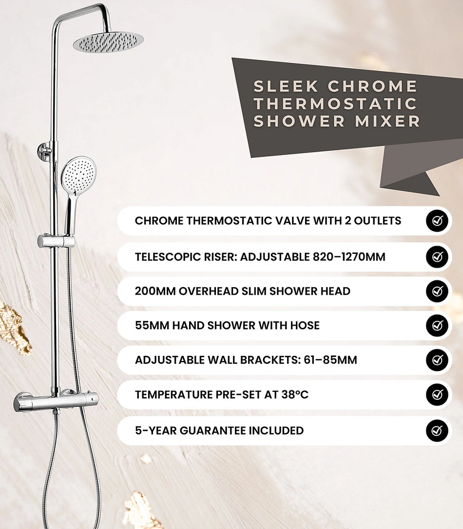 Thermostatic Shower Mixer Set Valve Round, Telescopic Shower with Diverter, 2 Outlets