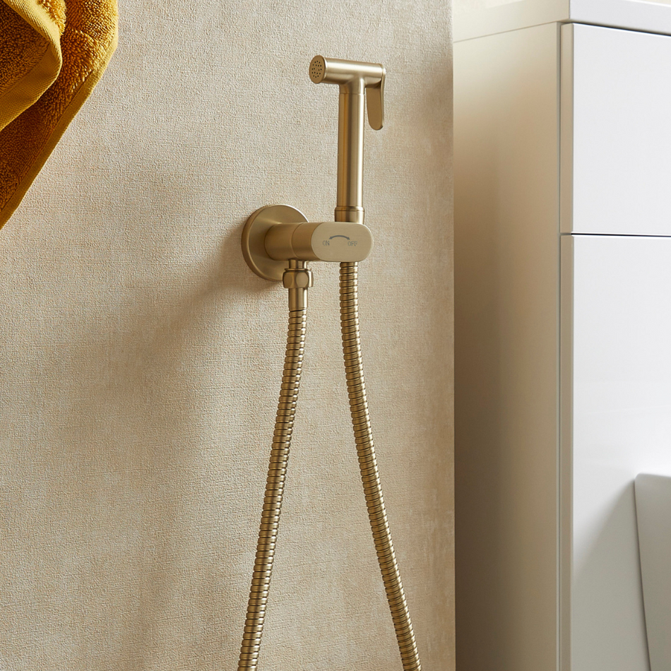 Round Brushed Brass Bidet Douche Kit with Shut Off Valve and Hose